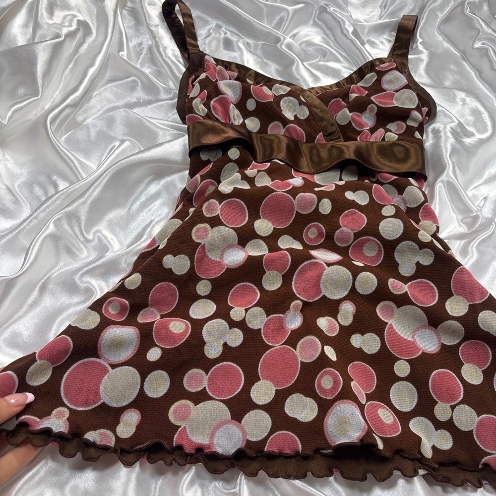 y2k Babydoll Camisole Brown Pink Polka Dot Mesh Satin Trim INC Top - Picture 3 of 6